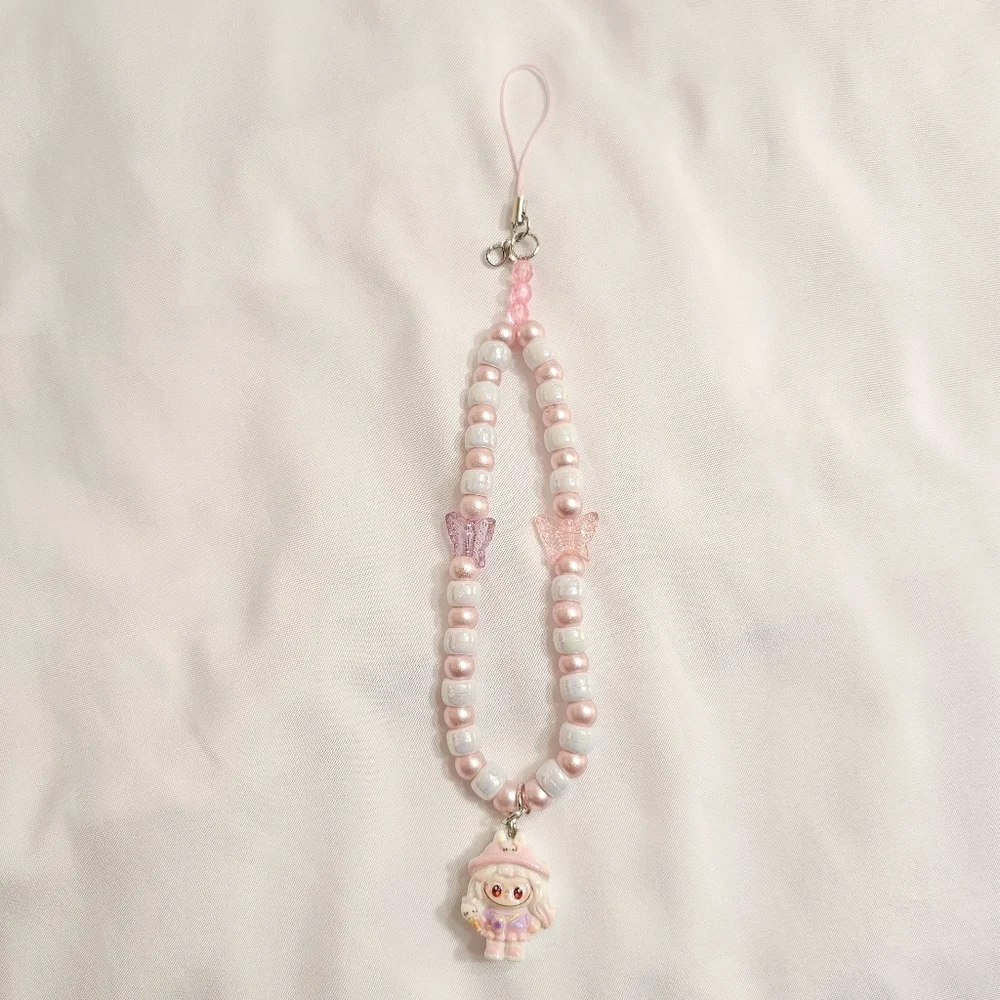 Pastel Pink Girly Beaded Labubu Phone Charm or Wrist Strap